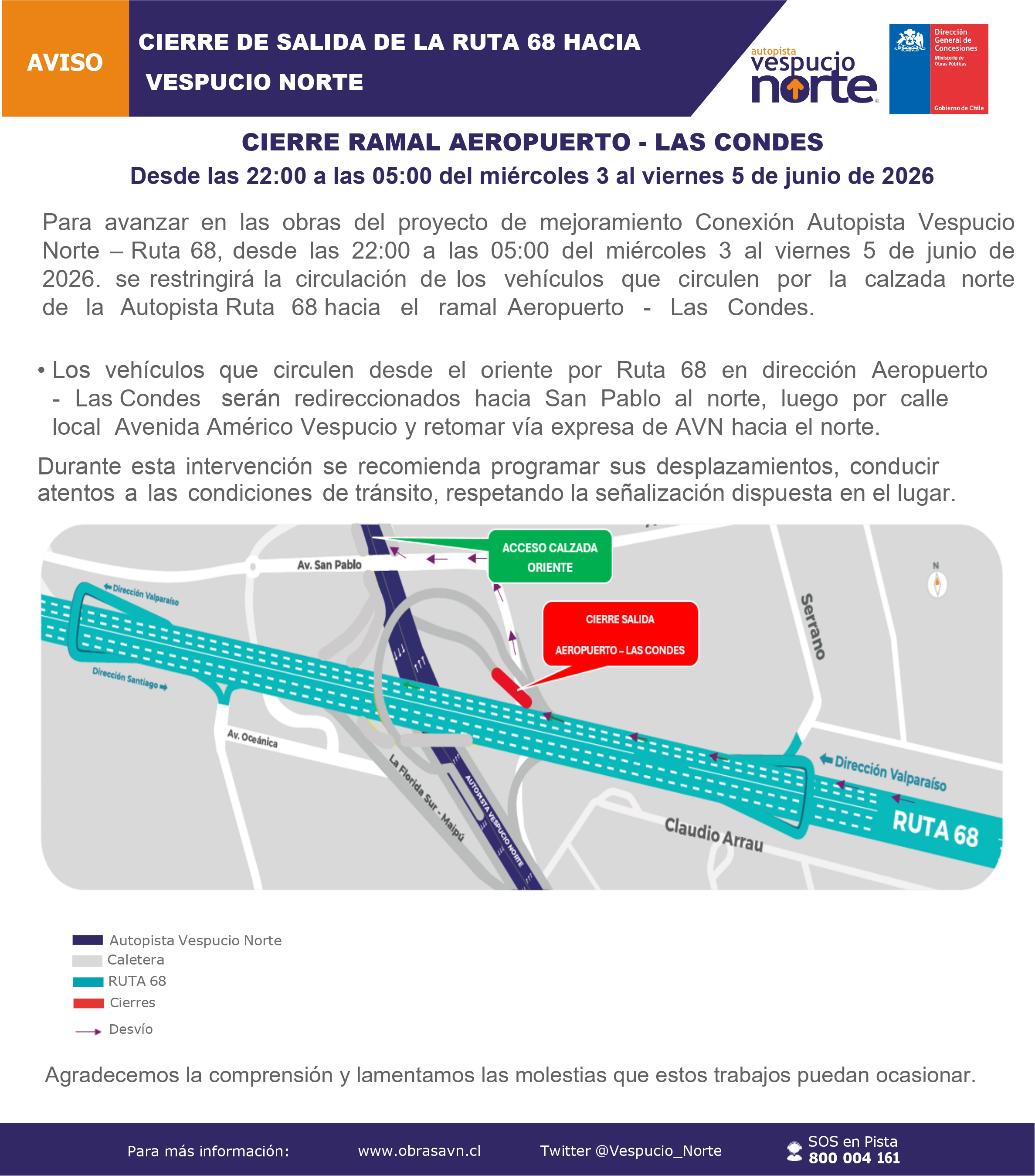 RESTRICCIÓN DE PISTA AUTOPISTA VESPUCIO NORTE DIRECCIÓN AEROPUERTO - LAS CONDES